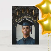 Gold Confetti on Black Graduation Caps Photo Arch Card