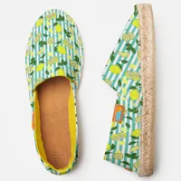 Citrus Yellow Lemon Fruit on Blue Stripes Pattern Espadrilles