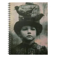 Surreal Black and White Caged Bird and Child Retro Notebook