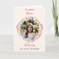 Custom Photo Name Pretty Flowers Niece Birthday Card