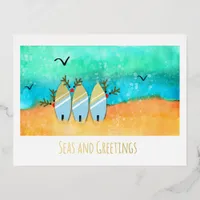 Seas and Greetings Beach Christmas with Rudolph  Foil Holiday Postcard