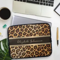 Leopard pattern Brown & Gold Foil Stripe glam Name Laptop Sleeve