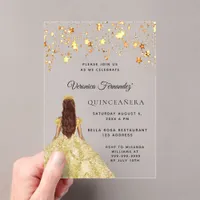 Quinceanera gold dress stars clear acrylic invitations