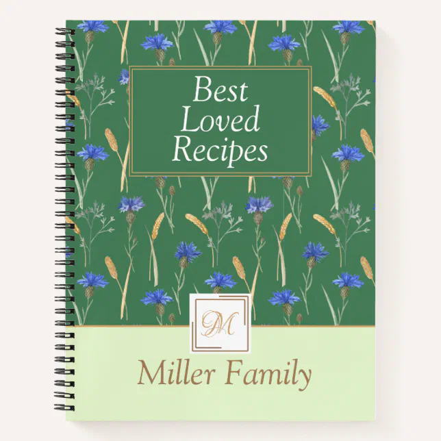 Green Floral Wildflower Mongoram Recipe Notebook