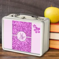 Pink glitter Monogrammed with Flowers Metal Lunch Box