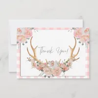 BOHO Floral Antlers Coral Gingham Thank You Card