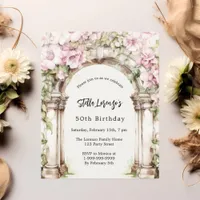 Pink florals arch beige birthday invitation