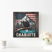 Bald Eagle Perched on Branch With Mountains Square Wall Clock