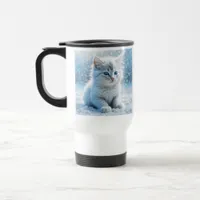 Personalized Little White Kitten in Snow Travel Mug