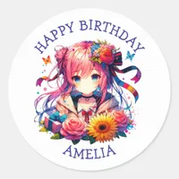 Cute Rainbow Anime Girl Birthday Personalized Classic Round Sticker