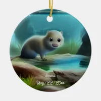 Cute baby otter in pond - personalizable  ceramic ornament