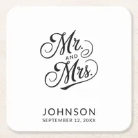 Modern Wedding Classic Black and White Mr & Mrs Square Paper Coaster