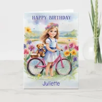 Girl Bicycle Flowers Teddy Pretty Happy Birthday Card