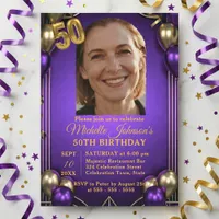 Elegant Purple & Gold Balloons Photo 50th Birthday Invitation