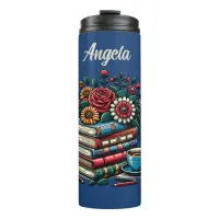 Personalized Vintage Books, Coffee and Flowers Thermal Tumbler