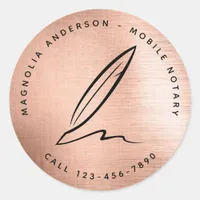 Chic Rose Gold Quill Mobile Notary Classic Round Sticker