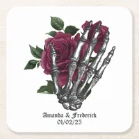 Burgundy Floral Gothic Wedding Square Paper Coaster