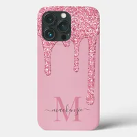 Blush Pink Sparkle Glam Glitter Drips Monogram iPhone 13 Pro Case