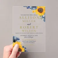 Watercolor Navy Blue Sunflower Rustic Wedding Acrylic Invitations