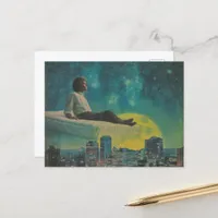 Magical Floating Mattress Above The City Full Moon Postcard