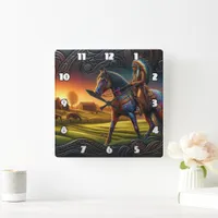 Colorful Horse Rider in Vibrant Sunset Landscape Square Wall Clock