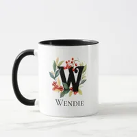 Letter W Monogram Initial Christmas Berry Wreath Mug