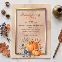 Dusty Blue Floral Pumpkin Thanksgiving Dinner Invitation