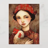 A Girl with Her Pet Chicken Ai Art Postcard