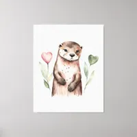 Adorable Otter With Heart Plants Canvas Print