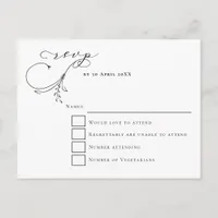 Minimal Leafy Black Script typography Wedding RSVP Postcard