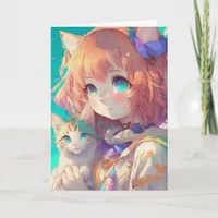Personalized Beautiful Anime Girl with Cute Kitten Card