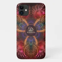 Red Fractal Art Feathers Custom Monogram Name iPhone 11 Case