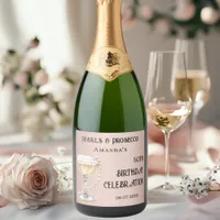 Rose gold pearls prosecco birthday party sparkling wine label