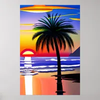 Palm Tree Silhouette and Colorful Sunset Poster