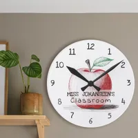 Hand Drawn Cute & Fun Red Apple Teacher Classroom Round Clock