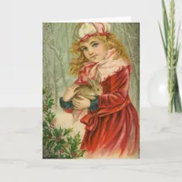 Vintage Girl and Rabbit, Christmas Holiday Card