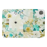 Pretty Folk Art White and Turquoise Flowers   Bath Mat