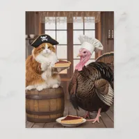 Adorable Pirate Kitty and Turkey Thanksgiving Pie Postcard