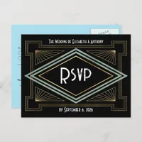 Blue & Gold Art Deco Gatsby-Inspired Wedding Postcard