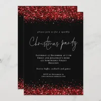 Festive Red Glitter Script Christmas Party Black Invitation