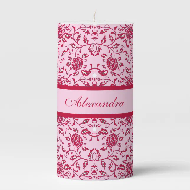 Elegant Flowery Pink and Red Damask Pillar Candle