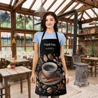 Barista black white cup coffee beans name script apron