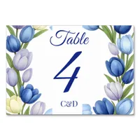Elegant Watercolor Tulip Wreath Wedding Blue Ivory Table Number