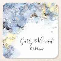Blue Hydrangea Flowers Watercolor Wedding  Square Paper Coaster