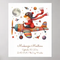 Personalized New Baby Art Child Flying Plane Poster