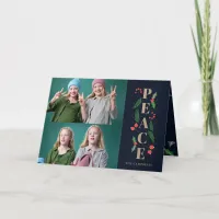 Pine Holly Berry Gold Peace Multiple Photo  Holida Holiday Card