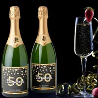 50th birthday party diamonds glitter black gold sparkling wine label