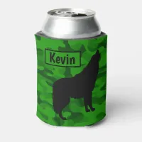 Modern Green Camo Black Wolf Silhouette Monogram | Can Cooler