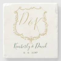 Monogrammed Gold Crest and Forest Green Wedding Stone Coaster