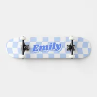 Custom Name Girly Blue White Checker Pattern Skateboard